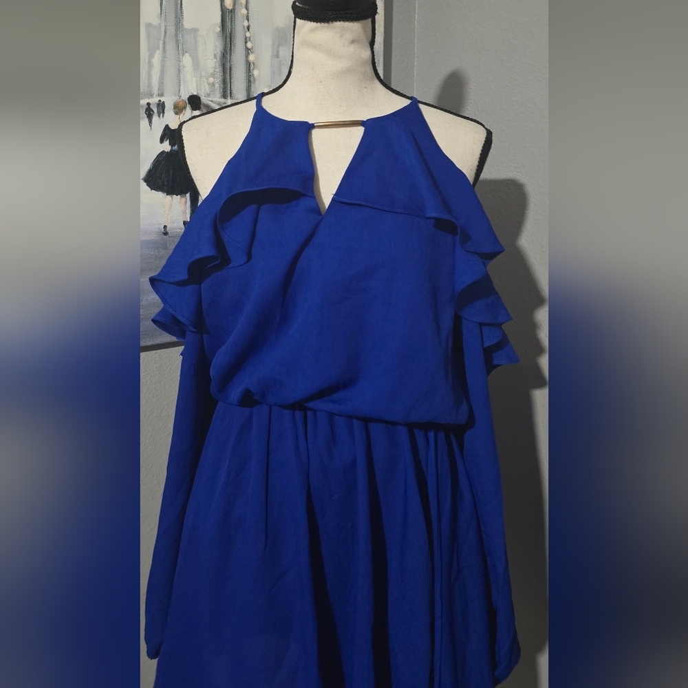 Papaya Blue Ruffle Cold Shoulder Dress Medium Keyhole Mini Flowy Summer Dress